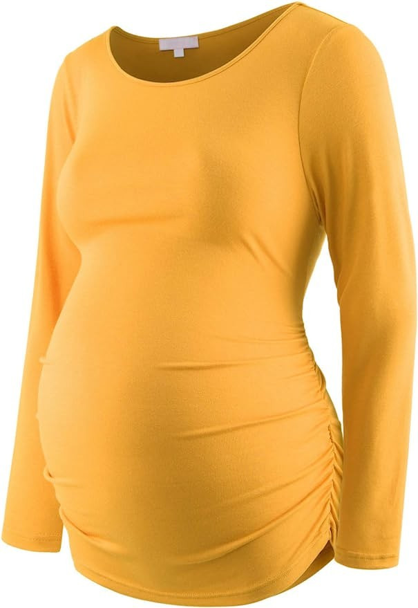 Maternity Shirt Long Sleeve Basic Top Ruch Sides Bodycon Tshirt for Pregnant Women | Amazon (US)