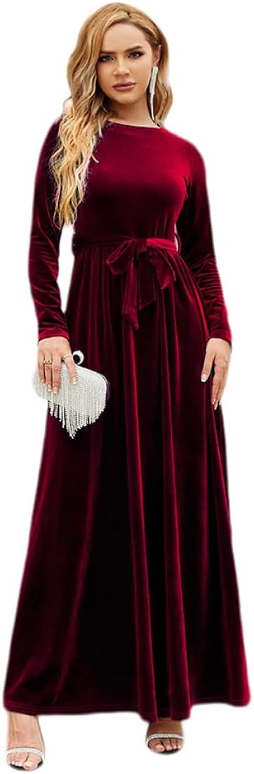 OBEEII Fall Dress for Women Long Sleeve Velvet Maxi Dress with Belt Wedding Guest Casual Holiday ... | Amazon (US)