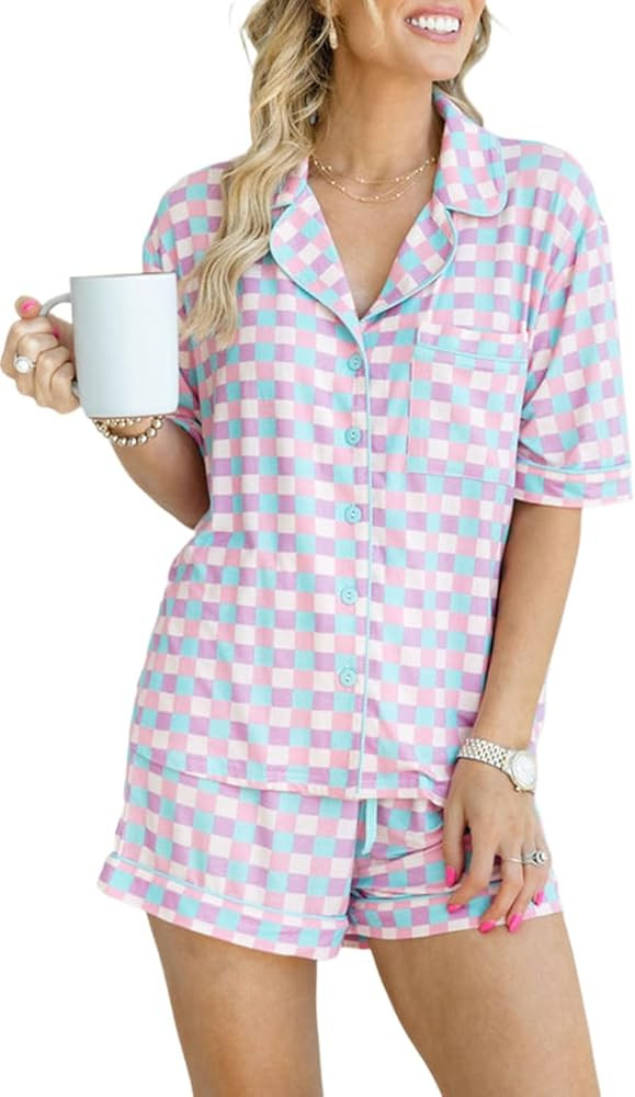 Women's Purple Checkered Pattern Short Sleeve Pajamas Set | Amazon (US)