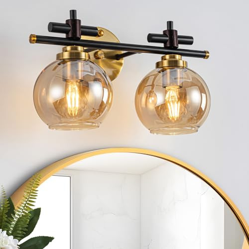 Mstyknow Bathroom Vanity Light, 2-Lights Vanity Lights for Bathroom, Bathroom Light Fixtures Over Mirror with Amber Glass Shade, 15.7 inch Modern Vanity Light (Amber Glass, 2 Lights) | Amazon (US)