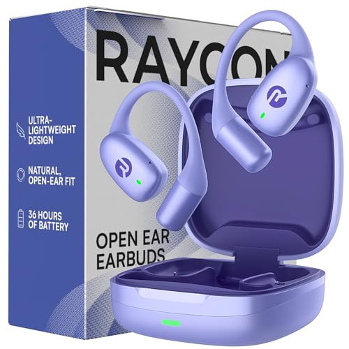 Raycon Essential Open Ear Earbuds – Open Ear Headphones, Earbuds Wireless Bluetooth, Sweat & Water-Resistant Earphones, Running Headphones with Ultra-Lightweight Design, 36 Hours Battery Life (Purple) | Amazon (US)
