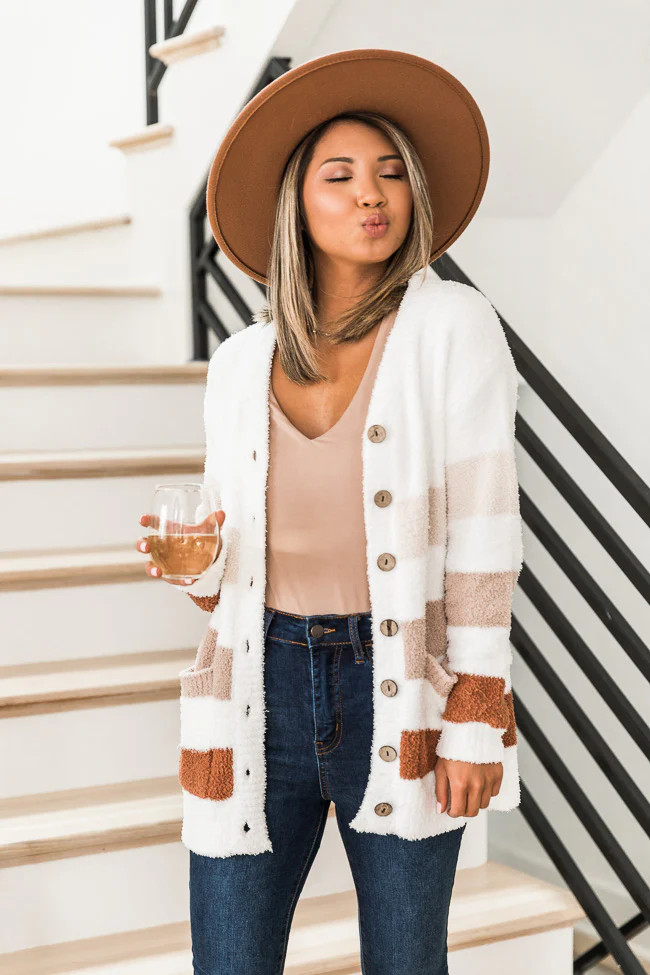 Long Days Ahead Brown Fuzzy Striped Cardigan | The Pink Lily Boutique