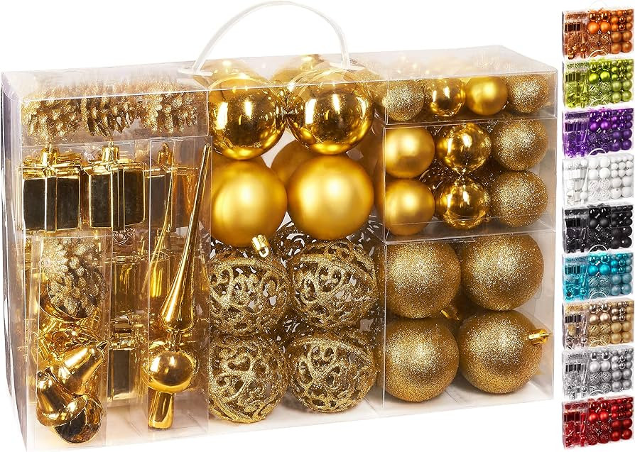 BRUBAKER 101-teiliges Set Weihnachtskugeln mit Baumspitze Gold Christbaumschmuck | Amazon (DE)