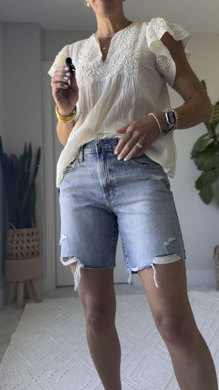  These mid-rise denim shorts are the perfect look for less to AGOLDE “Parker Long” shorts

I’m wearing a size 28 regular 
I’m 5’10” for height reference. These are cotton & have no stretch (but will break in with wear) I recommend going up a size for a relaxed fit

#LTKVideo #LTKOver40 #LTKFindsUnder50