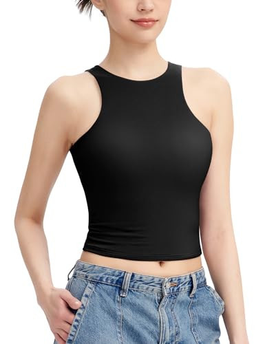 PUMIEY Black Tank Top for Women Sleeveless Womens Tops High Neck Racer Back Crop Tops, Jet Black X-Small | Amazon (US)