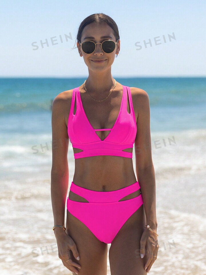 Women 2 Piece Bikini Set In Pink With Hollow Design For Summer Pool Or Beach Vacation | SHEIN