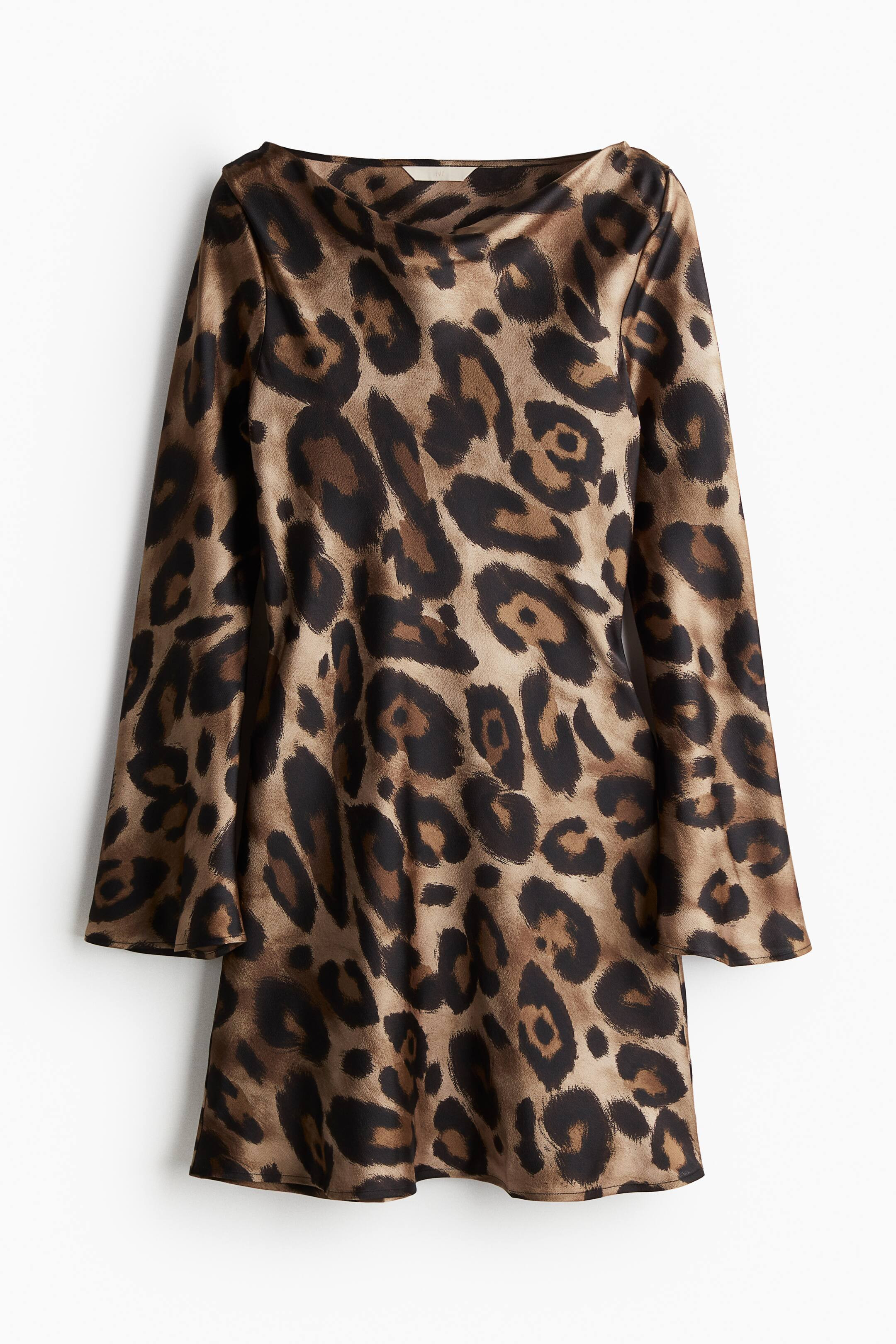 Vestido con escote drapeado - Cuello drapeado - Manga larga - Beige/Estampado de leopardo - MUJER... | H&M (FR, IT, ES, PT, BE)