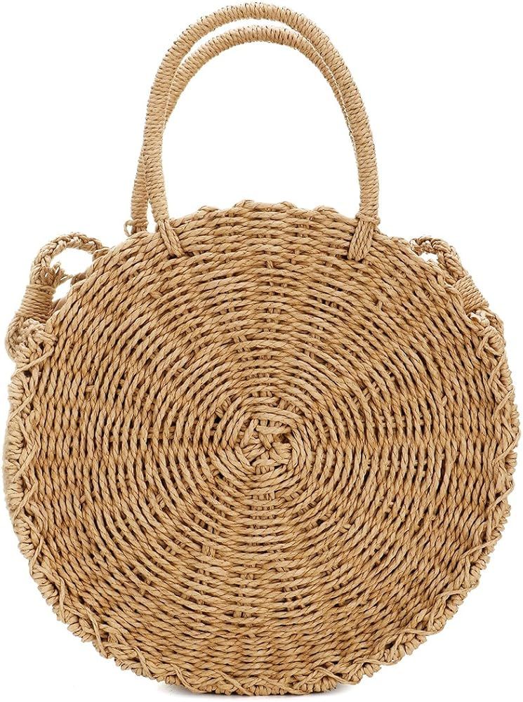 Handwoven Round Rattan Bag Shoulder Leather Straps Natural Chic Hand Round Straw Beach Bag (Coffee c | Amazon (US)