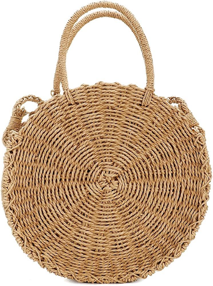 Handwoven Round Rattan Bag Shoulder Leather Straps Natural Chic Hand Round Straw Beach Bag (Coffe... | Amazon (US)