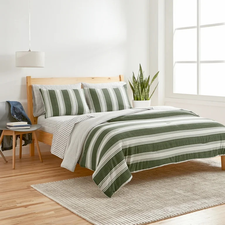 Gap Home T-Shirt Soft Rugby Stripe Jersey Organic Cotton Blend Comforter Set, Full/Queen, Olive, ... | Walmart (US)
