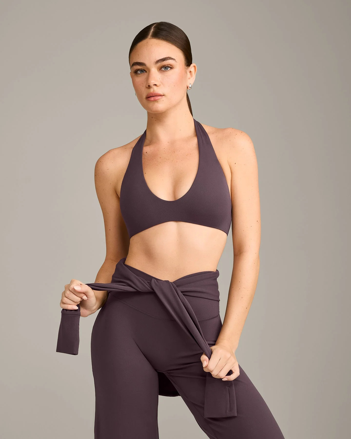 SoftMotion™ Minimal Halter Neck Bralette with Grey Logo 
 Dark Umber Brown | Oner Active (UK / US)