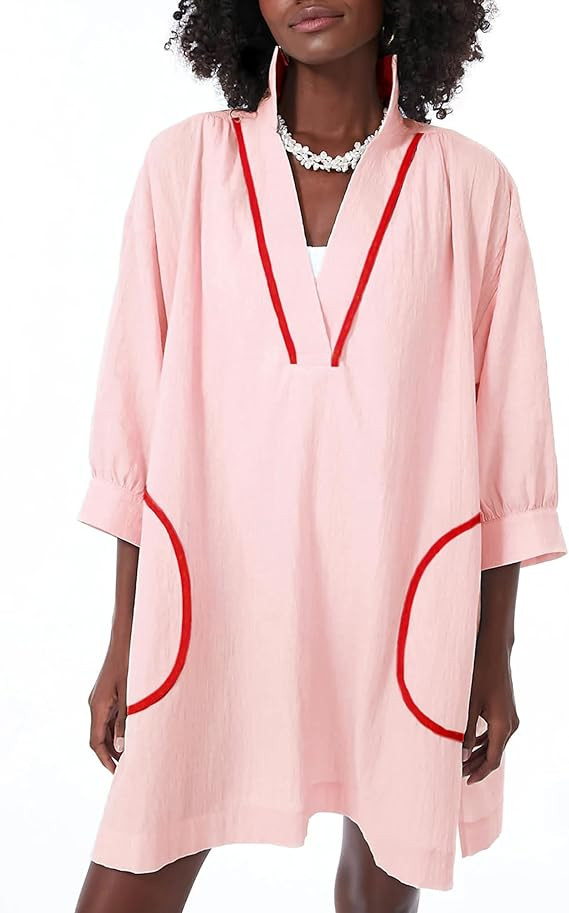 Ailoqing Swimsuit Coverup Womens V Neck 3/4 Sleeve Casual Shirt Dress with Pockets | Amazon (US)