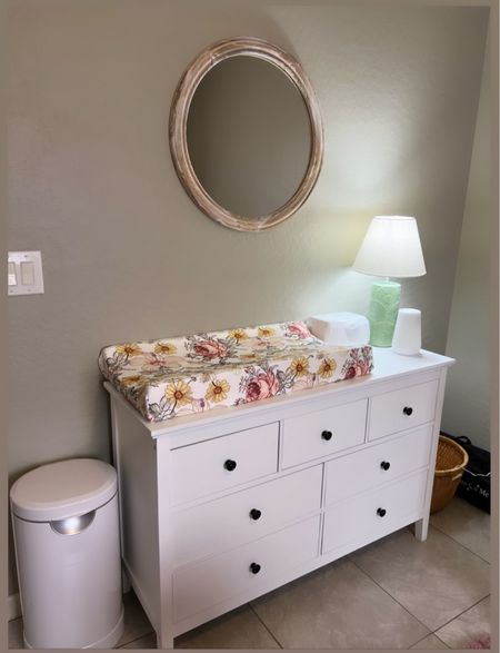 Nursery set up, we used a white dresser from Amazon and changing pad/cover instead of a changing table to last longer.👣
Lamp was a HomeGoods Find!
Circle mirror was an AtHome find!
$20 off coupon for dresser.
5% off coupon for changing cover.

#LTKhome #LTKbaby #LTKkids