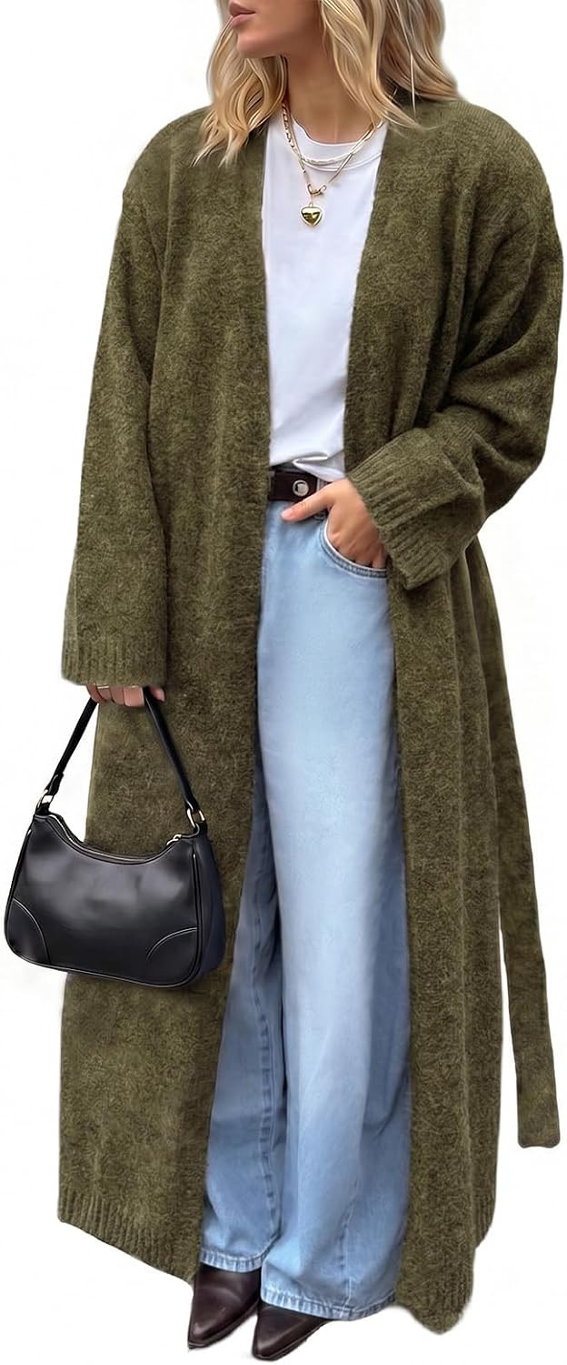 Tankaneo Womens Long Cardigan Sweater Oversized Open Front Coat with Belted | Amazon (US)