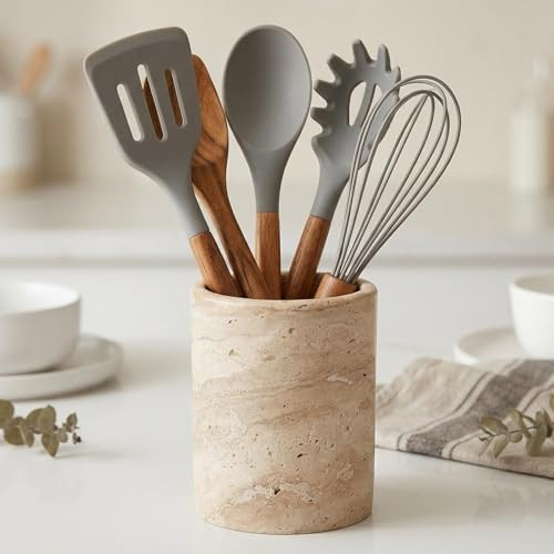 Natural Travertine Utensil Holder for Kitchen Countertop \u2013 Heavy & Stable Real Stone Utensil... | Amazon (US)