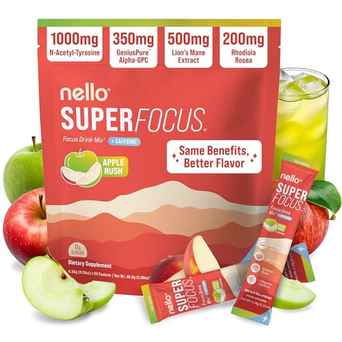 Nello Superfocus – Nootropic Focus Drink Mix for Productivity, L-Theanine, Rhodiola Rosea, Alpha-GPC, Lion’s Mane, Tyrosine, Sugar-Free Packets (20 Servings (Caffeine), Apple Rush) | Amazon (US)