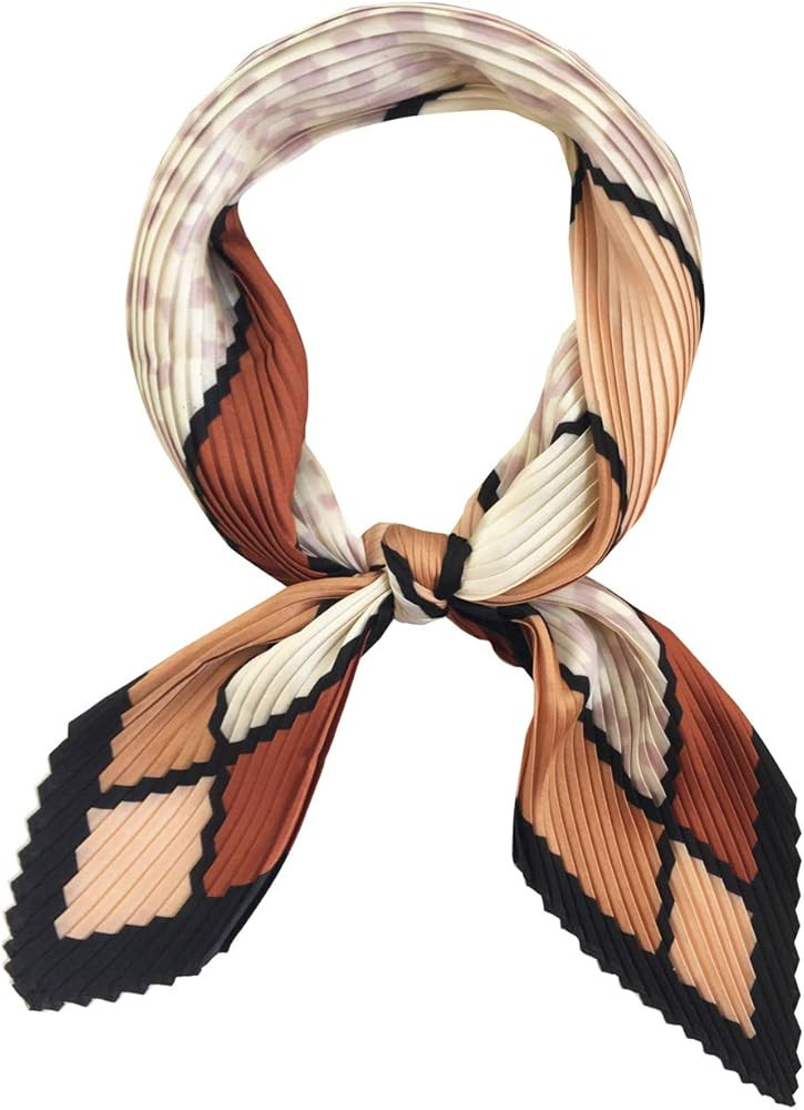 GERINLY Womens Neckerchief Pleated Plaid Silk Like Scarf Retro Spring Skinny Head Scarfs | Amazon (US)