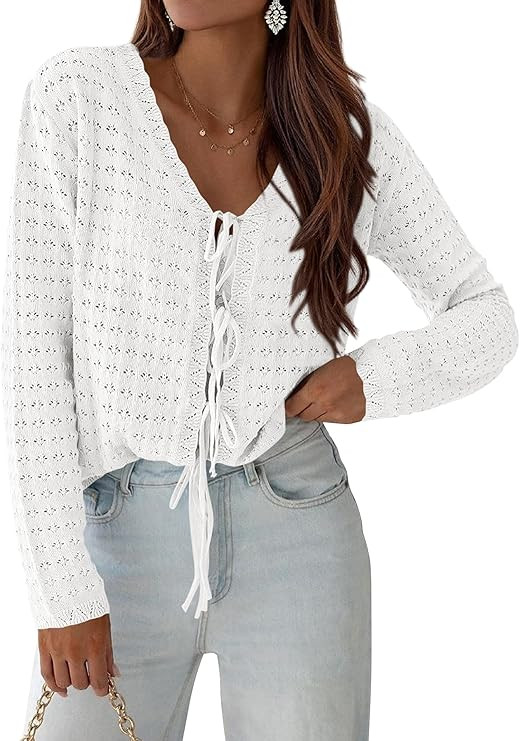PRETTYGARDEN Crochet Cardigan Sweaters for Women Trendy Spring Summer Long Sleeve Tie Front Tops ... | Amazon (US)