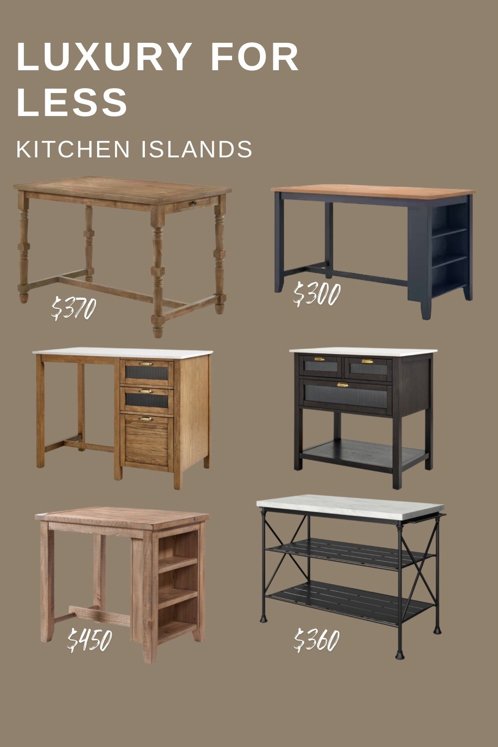 If you’re looking to upgrade your kitchen without a full remodel, these affordable kitchen islands under $500 are some of my favorite luxury-for-less finds right now.

Kitchen islands instantly add extra prep space, storage, and style to your kitchen while giving it that elevated designer feel.

This roundup includes:
• Modern wood kitchen island tables
• Storage kitchen islands with drawers
• Compact small kitchen islands
• Marble-top kitchen prep stations
• Budget-friendly kitchen island carts

Perfect for:
• small kitchens
• kitchen organization
• extra counter space
• modern farmhouse kitchens
• organic modern kitchen styling

All of these give you the designer kitchen island look without the luxury price tag.

Shop these Luxury for Less kitchen island finds here 🤎

#LTKHome #KitchenIsland #AffordableKitchen #LuxuryForLess #KitchenFinds
