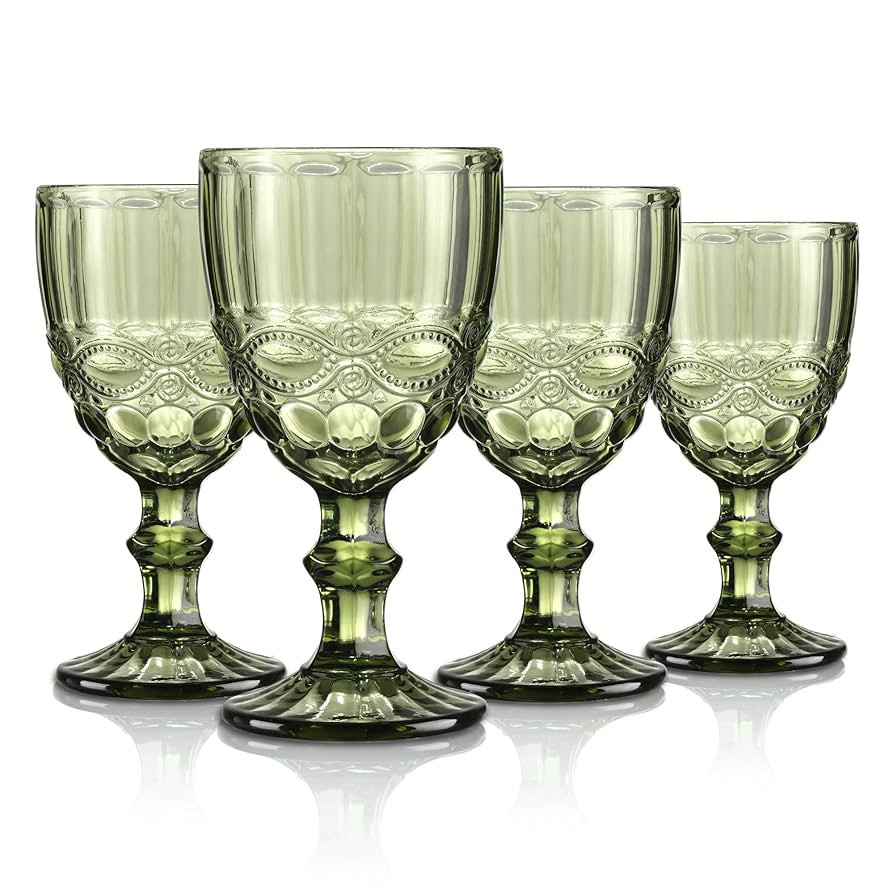 Joeyan Green Vintage Wine Glasses,Clear Water Goblet Glasses with Embossed Serpentine Pattern,Ste... | Amazon (US)