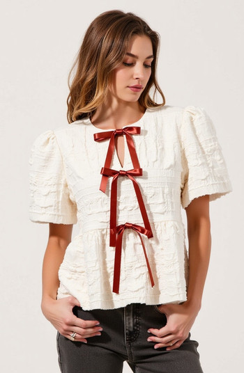 Textured Puff-Sleeve Peplum Blouse with Bow-Tie Front | Nordstrom