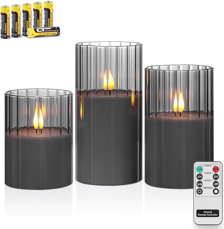 Rhytsing Smoked Ribbed Glass Battery Operated LED Candles with Remote, Flameless Candle with Time... | Amazon (US)