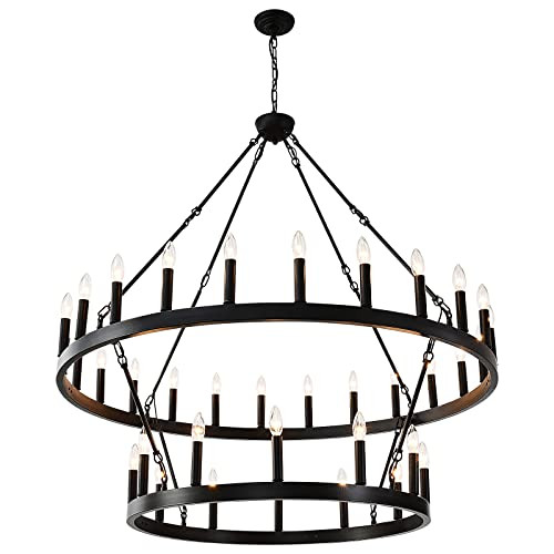 Yikrfiae Black Wagon Wheel Chandelier 2 Tier 36-Lights 48 Inch Extra Large Farmhouse Pendant Ligh... | Amazon (US)