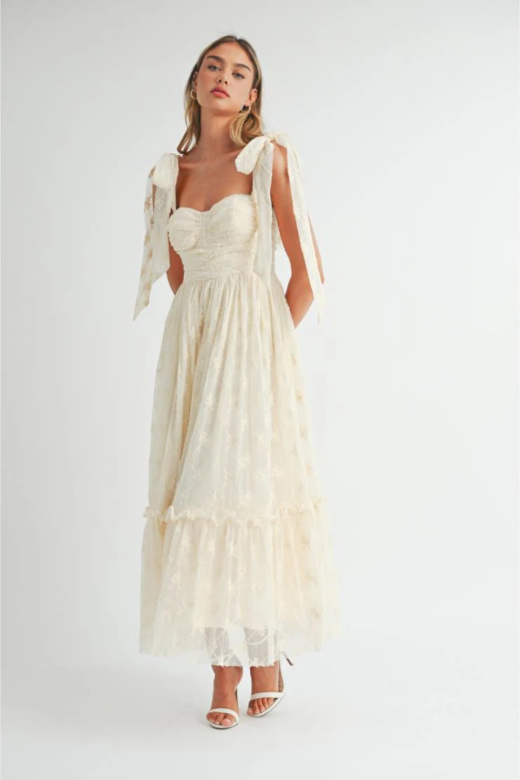 Abigail Bow Embroidered Ruched Shoulder Tie Midi Dress | Pippa & Pearl