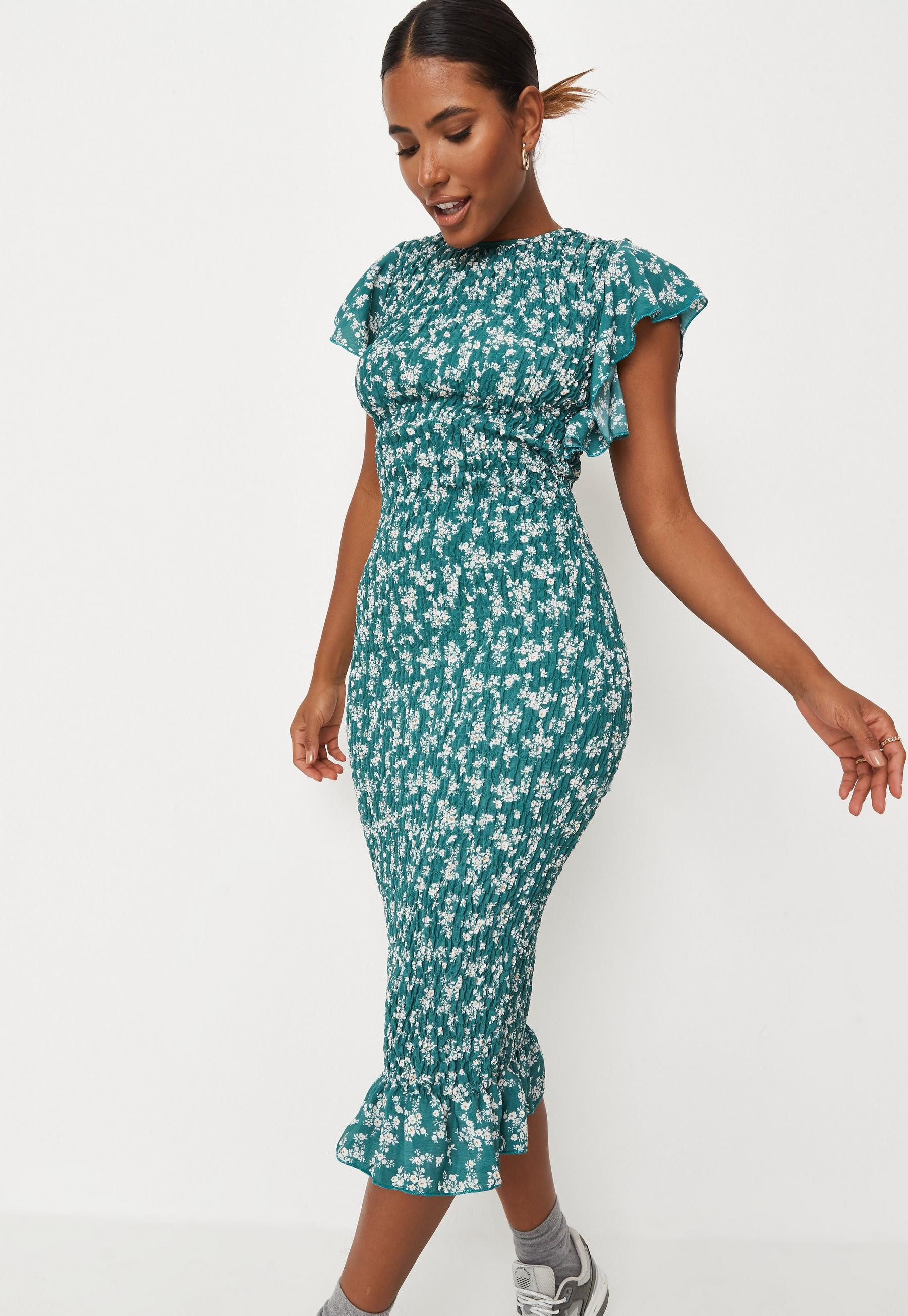 Green Floral Shirred Ruffle Sleeve Midaxi Dress | Missguided (US & CA)