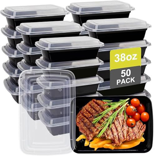 Meal Prep Containers Reusable - 38oz Food Storage Containers with Lids - 50 Pack Plastic To Go Food Containers, Disposable To Go Containers with Lids BPA Free, Microwave/Dishwasher/Freezer Safe | Amazon (US)