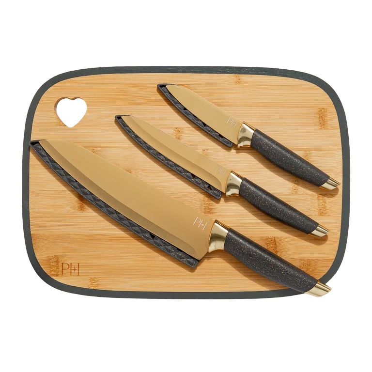 Paris Hilton 7-Piece Bamboo Heart Cutting Board and Stainless Steel Cutlery Set, Charcoal Gray | Walmart (US)