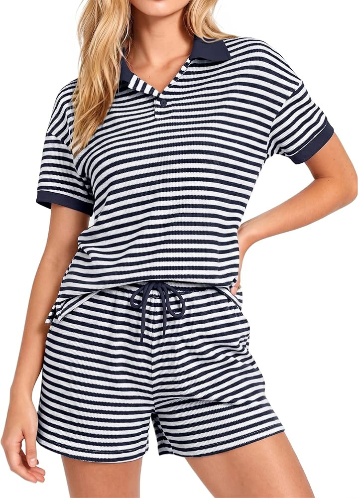 Casly Lamiit Women 2 Piece Short Sets Summer V Neck Striped Knit Tops Shorts 2026 Beach Vacation ... | Amazon (US)