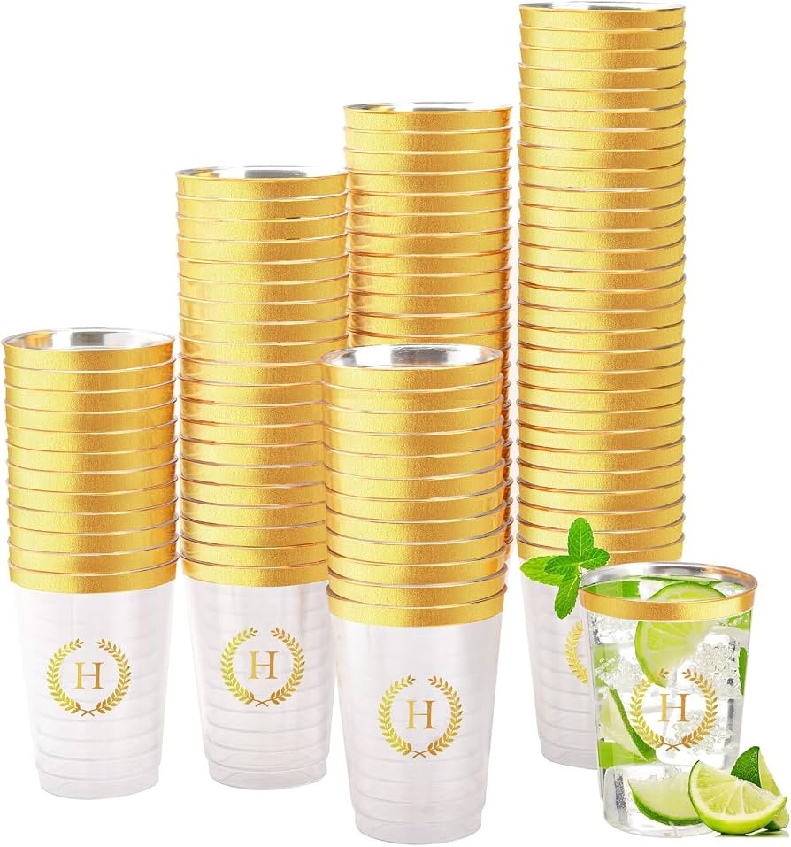 100 Pieces Monogrammed Plastic Cups Gold Foil Letter H Disposable Cups 12 oz Clear Initial Party ... | Amazon (US)