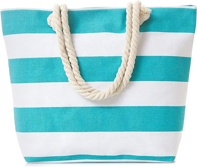 Leisureland Canvas Tote Beach Bag, Rope Handle Water Resistant Shoulder Bag (Stripe Blue) | Amazon (US)
