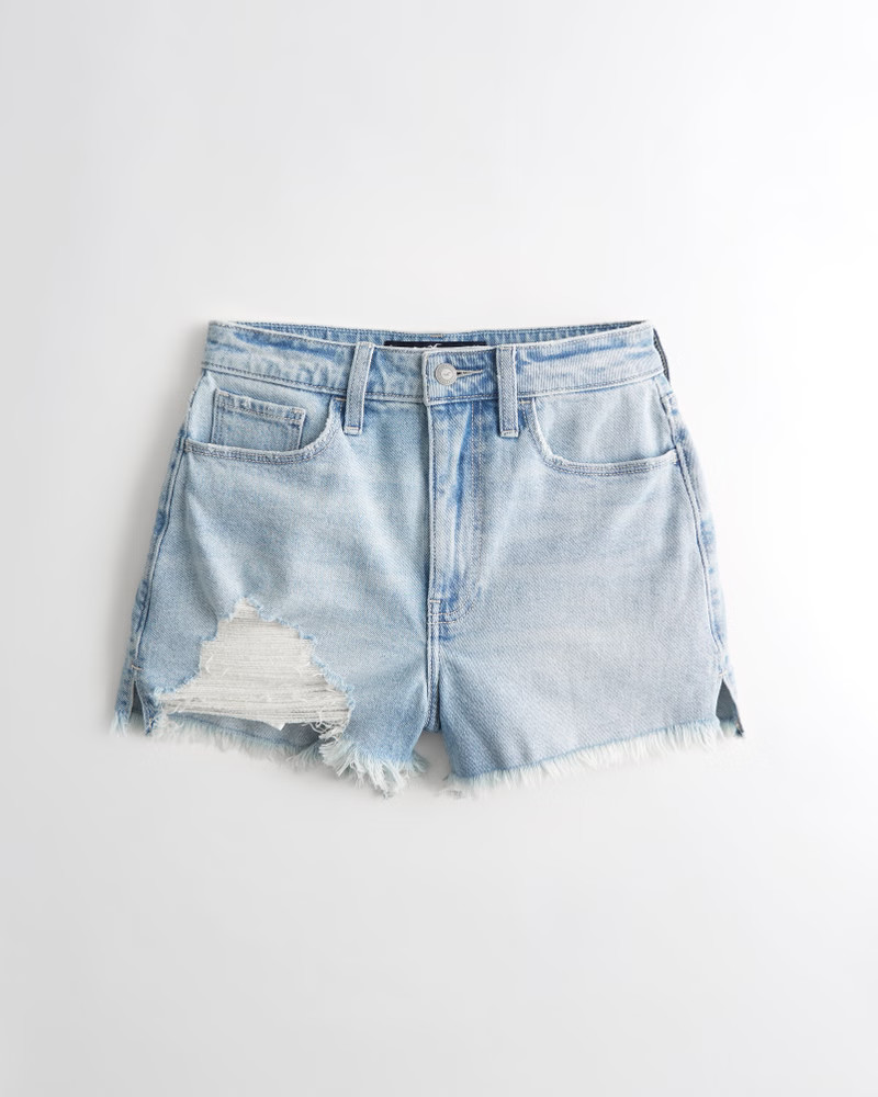 Ultra High-Rise Ripped Light Wash Denim Mom Short | Hollister (US)