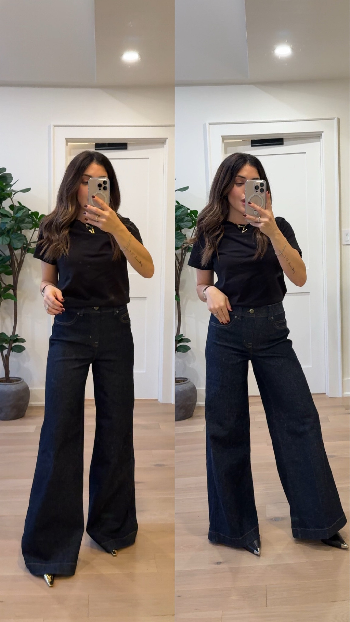 The different between regular and petite length wide leg denim. 
Left: regular, wider all around. Right: petite, fits me better over all- the length is shorter but the proportions are adjusted to petite sizing as well! 

Pants: xs reg and petite 

#LTKstyletip #LTKsale #LTKcanada