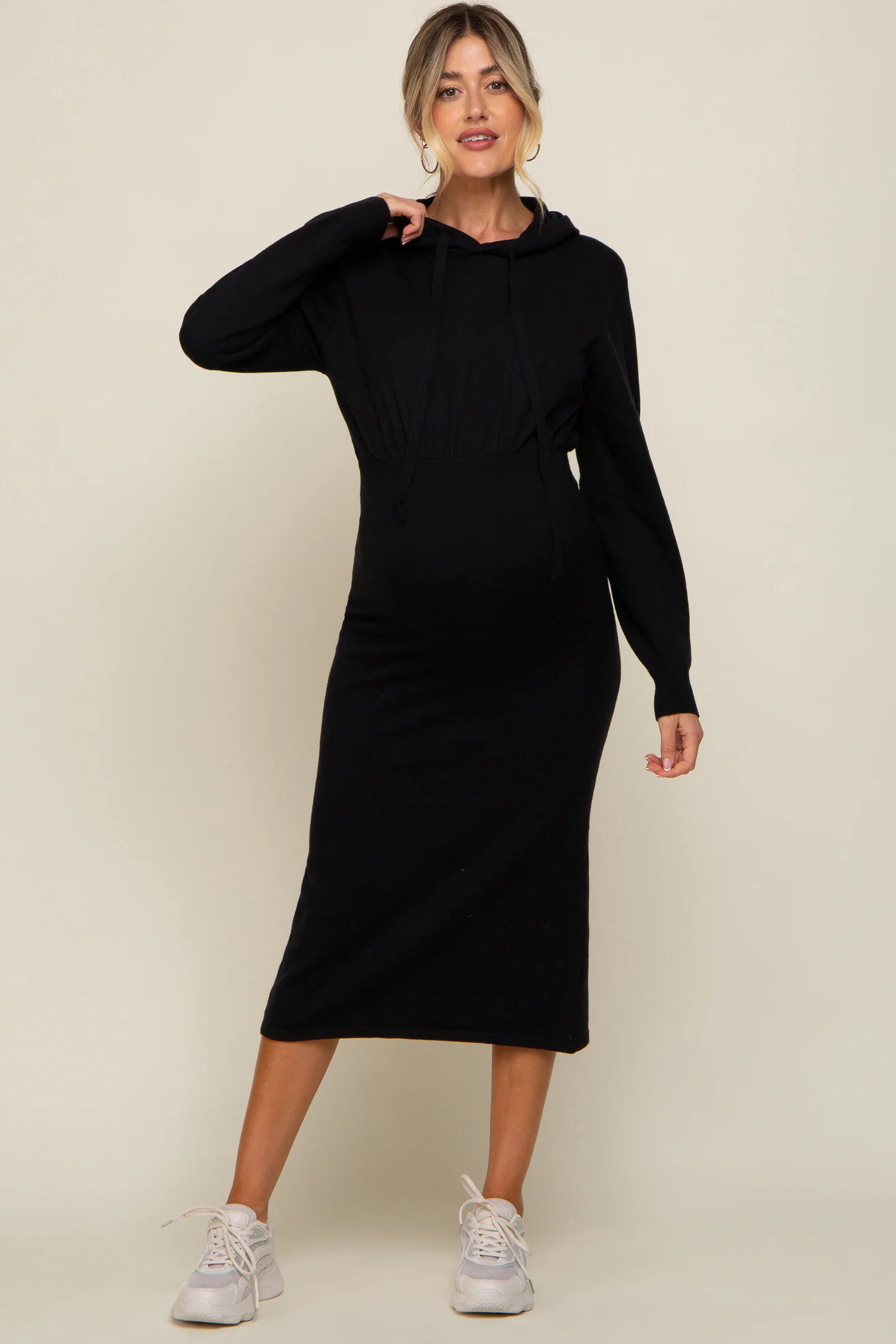 Black Knit Hooded Long Sleeve Maternity Dress | PinkBlush Maternity