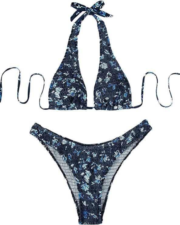 MakeMeChic Women's Graphic Triangle Bikini Set Tie Side Tie Neck 2 Piece Swimsuit Bathing Suit | Amazon (US)