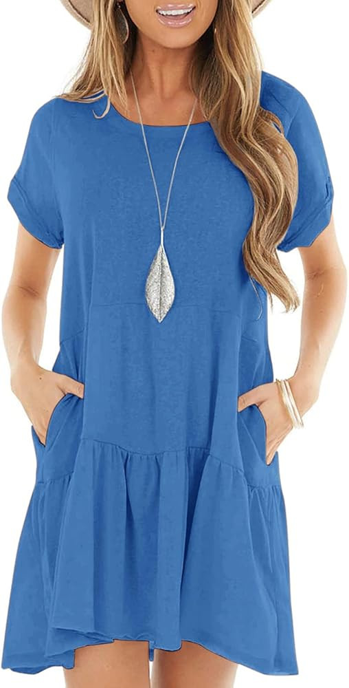 Berryou Women Short Sleeve Pocket Casual Plain Flexible Loose Ruffle Swing T-Shirt Dress 2023 | Amazon (US)