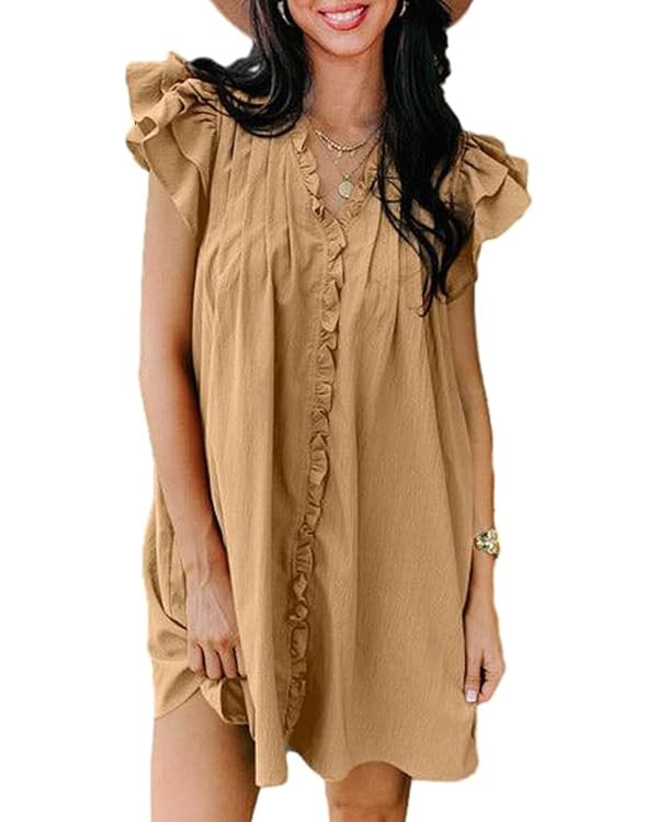 AlvaQ Womens Summer Dresses 2024 V Neck Ruffle Cap Short Sleeve Mini Dress Casual Flowy Pleated A... | Amazon (US)