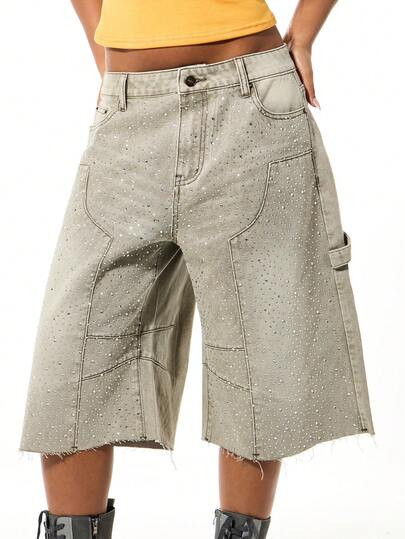 SUMWON WOMEN Rhinestone Embellished Wide Leg Denim Carpenter Jorts High Rise Distressed Baggy Sho... | SHEIN