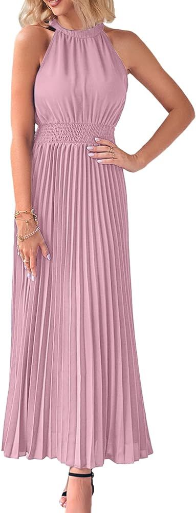 PRETTYGARDEN Womens Long Sleeveless Halter Neck Flowy Pleated Maxi Cocktail Party Dress | Amazon (US)