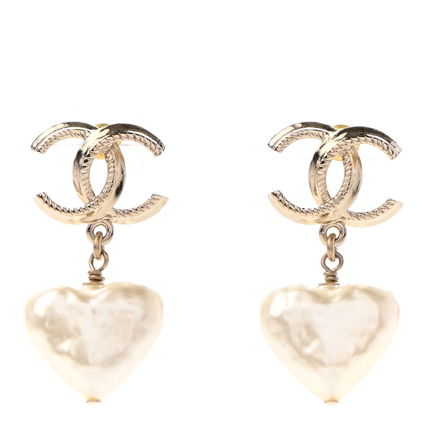 CHANEL Pearl CC Heart Drop Earrings Gold | FASHIONPHILE | Fashionphile