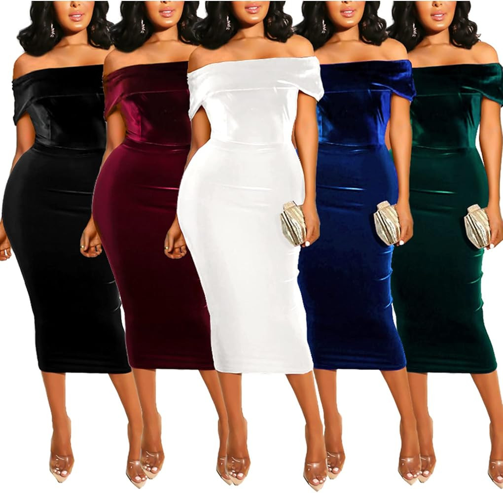 Women Sexy Velvet Midi Dress - One Off Shoulder Short Sleeve Velour Bodycon Pencil Dresses Cocktail | Amazon (US)