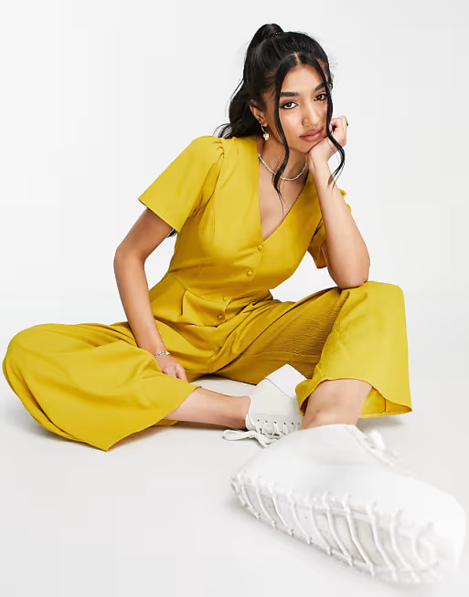 ASOS DESIGN short sleeve tea culotte jumpsuit in mustard | ASOS (Global)
