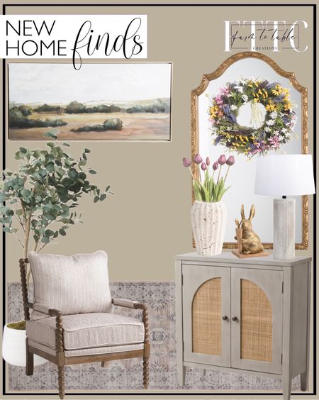 New Home Finds. Follow @farmtotablecreations on Instagram for more inspiration.

Elle Decor. Two Door Cabinet. Eucalyptus Tree in Glazed Pot. Wall
Art. Loloi Rug. DKNY Cement Table Lamp. Office Star Kaden Spindle Chair. Afloral Faux Tulips. Decorative Dancing Bunnies. Bunny on Wooden Base. Spring Wreath. Ornate Mirror. Fluted Travertine Tray. Fluted Stone Vase. 

#LTKhome #LTKfindsunder50 #LTKsalealert