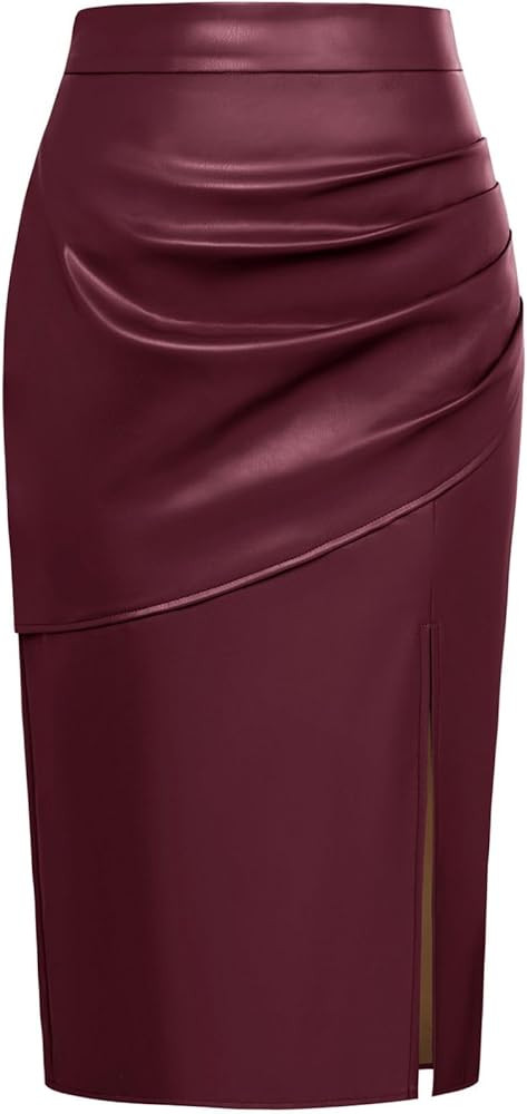 Kate Kasin 2024 Women's Faux Leather Skirts Front Slit Ruched Tummy Control High Waist Bodycon Mi... | Amazon (US)