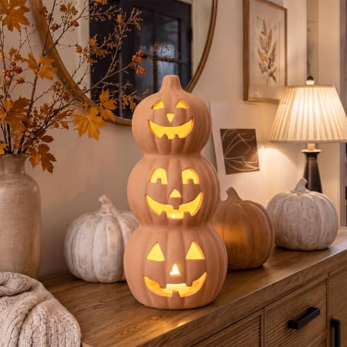 AceOrbit Fall Halloween Decorations 10" Stacked Terracotta Pumpkins | Amazon (US)