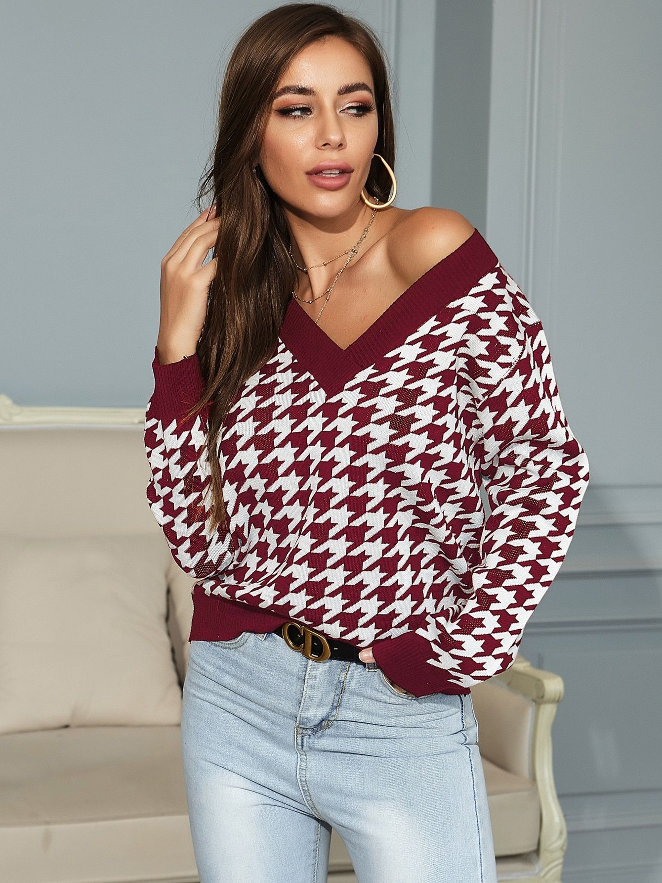 V-neck Houndstooth Pattern Sweater | SHEIN
