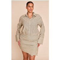 Plus Stone Linen Look Stripe Shirt Style Long Sleeve Skort Romper | PrettyLittleThing US